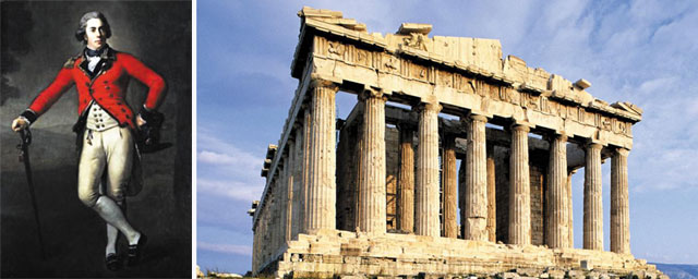 그리스의 파르테논 조각상들을 영국으로 가져간 토머스 브루스 엘긴이에요(왼쪽 사진). 그리스 아테네에 있는 파르테논 신전이에요. 이곳의 수많은 조각상이 영국으로 실려갔지요(오른쪽 사진).