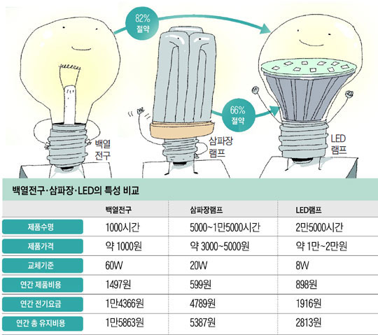 백열전구·삼파장·LED의 특성 비교.
