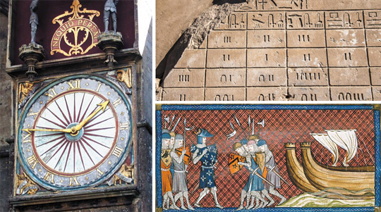 (왼쪽)고대 로마인이 썼던‘로마 숫자’는 오늘날에도 벽시계 등에서 자주 볼 수 있어요. (오른쪽 위)이집트 카르나크 신전에는 고대 이집트인이 썼던 숫자가 적혀 있어요. (오른쪽 아래)아라비아 숫자는 11~13세기에 일어난 십자군 원정을 통해 유럽에 널리 퍼졌어요.