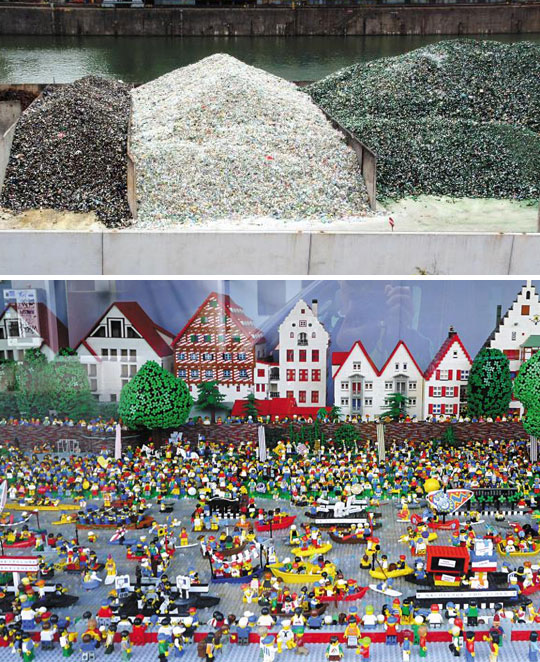 스위스 바젤의 재활용품 수거장(위), 플라스틱으로 만든 레고 장난감.