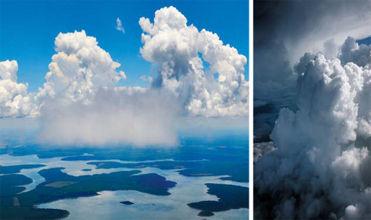 습기를 머금은 공기의 상승으로 형성된 구름 모습(사진 왼쪽)과 열대지방 하늘에서 본 비구름 사진