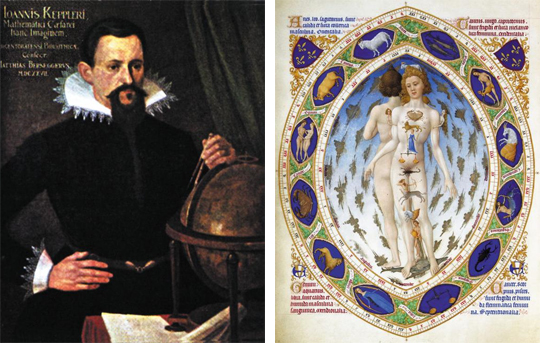 독일의 천문학자인 요하네스 케플러의 모습(왼쪽). 그가 만든 망원경의 원리는 현재까지도 활용되고 있지요. 초기의 천문학은 별과 달을 보며 운명을 점치는 점성술의 형태였어요. 오른쪽은 점성술을 표현한 것이에요.