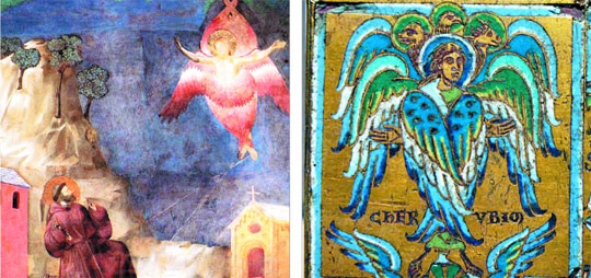 14세기 무렵 이탈리아 화가 조토가 프레스코 벽화로 그린 스랍(왼쪽)은 여섯 장의 날개를 가진 품위 있는 천사예요. 12세기 중엽 구리판 위에 그려진 그룹(오른쪽)은 에스겔이 묘사한 모습처럼 인간·독수리 등의 네 가지 얼굴을 가지고 있답니다.