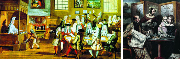 17세기 영국 런던의 커피하우스에서 남자들이 커피를 마시며 이야기를 나누고 있어요(왼쪽). 19세기 영국 중산층 계급의 집 안에서 부모님과 어린이가 함께 홍차를 마시고 있어요.
