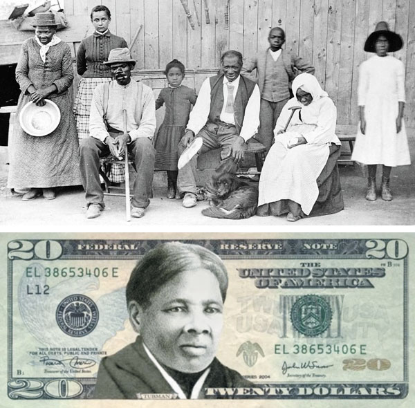 1887년 여성 흑인 인권운동가 해리엇 터브먼(왼쪽 끝)이 자신의 집 앞에서 가족과 찍은 사진이에요. 아래 사진은 앞으로 새 20달러 지폐에 담길 해리엇 터브먼의 초상화를 형상화한 이미지랍니다.
