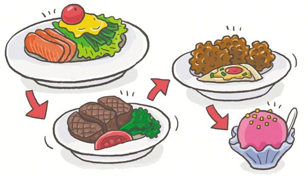 뷔페에 갔을 때에는 담백하고 싱거운 음식부터 먹기 시작해서 차츰 기름지고 자극적인 음식을 먹어야 더 맛있게 먹을 수 있답니다.