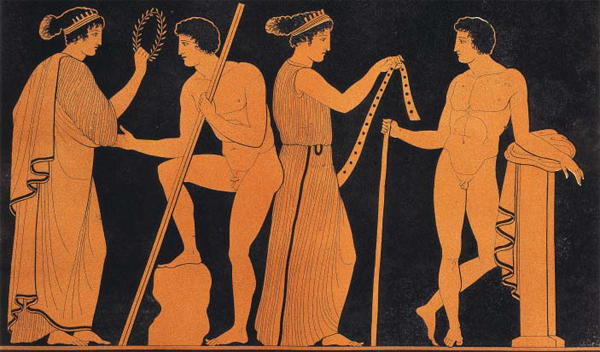 고대올림픽에서 1등을 한 선수가 올리브 잎으로 만든 관과 머리띠를 받는 모습을 나타낸 그림이에요.