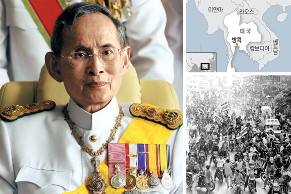 지난 13일(현지 시각) 서거한 태국 푸미폰(왼쪽 사진) 국왕은 1992년 ‘검은 5월’ 사건 등 쿠데타가 발생할 때마다 나라를 안정시키기 위해 노력했어요.