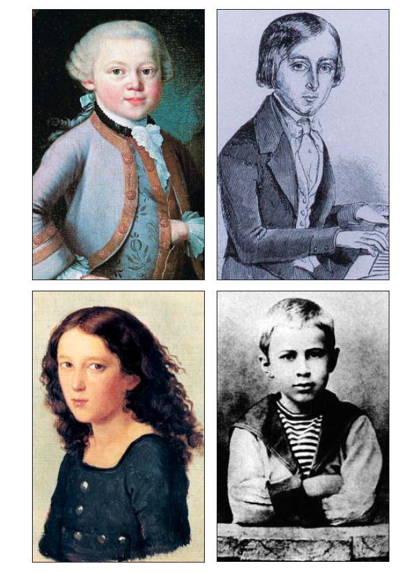 모차르트, 생상스, 프로코피예프, 멘델스존 등 위대한 작곡가의 어린 시절 모습을 담은 사진·그림(왼쪽 상단부터 시계방향으로)이에요.