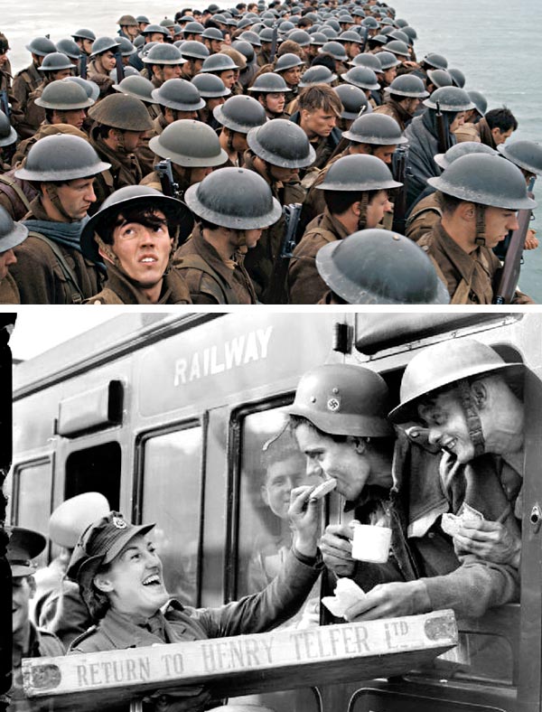 1940년 5월 프랑스 북부 항구도시 덩케르크의 잔교 위에서 영국군 병사들이 구조선을 기다리는 모습을 영화에서 재현한 장면이에요(위 사진). 실제 당시 구조된 병사들이 영국에 도착한 뒤 따듯한 차와 빵을 공급받고 있어요(아래 사진). 