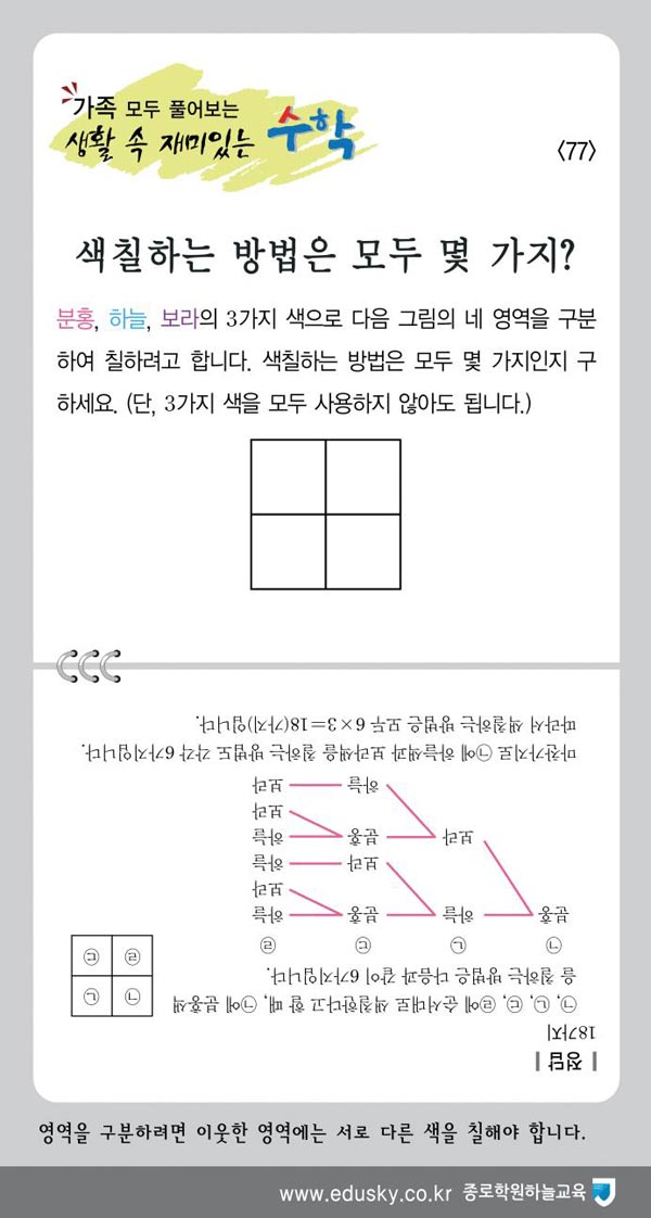 [가족 모두 풀어보는 생활 속 재미있는 수학] [77] 색칠하는 방법은 모두 몇 가지?