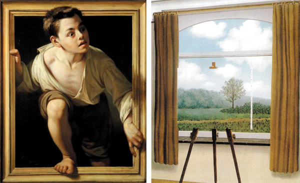 작품1 - 페레 보렐 델 카소, ‘비평에서 도망가기’, 1874(사진 왼쪽). 작품2 - 르네 마그리트, ‘인간의 조건’, 1933(사진 오른쪽).