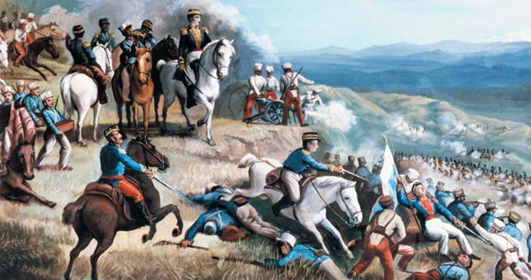 1823년 에콰도르 이바라 전투에서 시몬 볼리바르가 스페인군에 대항해 싸우는 모습. 시몬 볼리바르는 콜롬비아·베네수엘라·에콰도르·페루·볼리비아 등 남미 5개 국가를 스페인 식민 지배에서 해방시킨 영웅으로 존경받고 있어요.