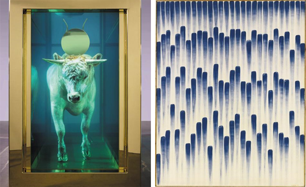 (사진 왼쪽)작품 3 - 데미안 허스트, 황금 송아지, 2008년. (사진 오른쪽)작품 4  -이우환, 선으로부터, 1976년