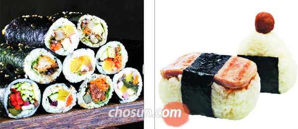 우리나라 김밥(사진 왼쪽)과 주먹 크기로 밥을 뭉쳐 김으로 감싼 오니기리(오른쪽).