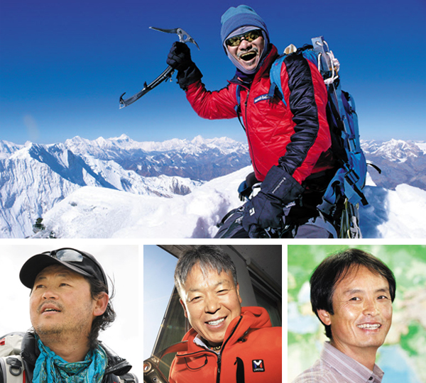 김창호(위 사진) 대장은 2013년 한국인 최초로 히말라야 봉우리 14개를 무산소 등반하는 데 성공했어요. 아래 사진 왼쪽부터 산악인 박영석·엄홍길·한왕용.