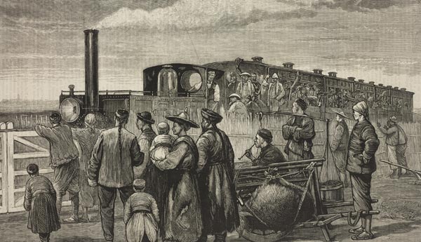 중국 첫 상업 철도인 상하이 오송철도가 1876년 개통될 당시 모습을 그린 삽화입니다. 