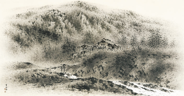 작품② - 이상범, ‘산가효색’, 1950년대, 종이에 수묵담채, 91x176㎝. 