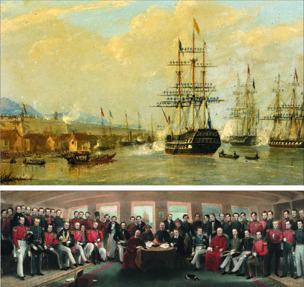 1842년 난징(南京) 인근 양쯔강에 정박 중인 영국군 콘월리스호(위 그림 가운데)에서 청나라와 영국은 난징조약을 맺습니다. 