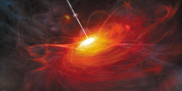블랙홀에서 에너지를 얻어 엄청난 빛과 에너지를 뿜어내는 퀘이사(ULAS J1120+0641)를 상상해 그린 그림.