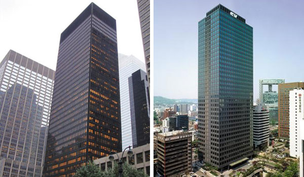 현대 마천루의 원형으로 꼽히는 미스 반데어로에의 뉴욕 시그램 빌딩(왼쪽). 그의 제자 김종성이 설계한 서울 서린동 SK 사옥.