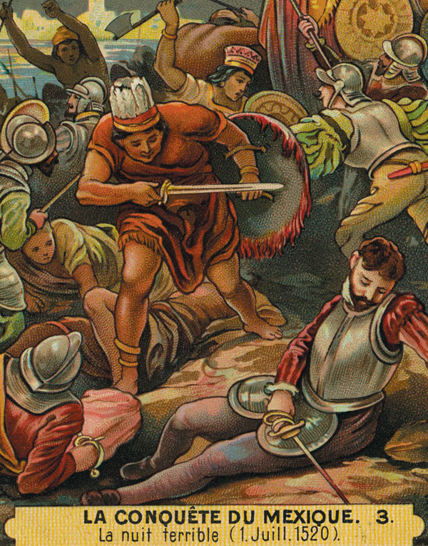 1520년 아즈텍 원주민과 스페인 침략군 사이에 벌어진 '슬픈 밤' 전투를 묘사한 그림. 