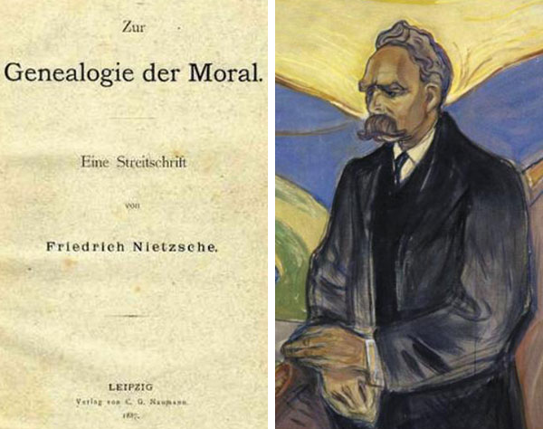 니체의 '도덕의 계보학' 초판 사진(왼쪽)과 노르웨이 표현주의 화가 에드바르 뭉크가 그린 니체 초상화예요.