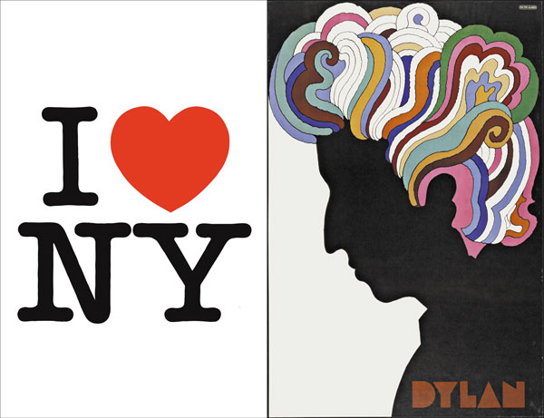 밀턴 글레이저가 1977년 발표한 '아이러브뉴욕(I♥NY)' 로고(사진 왼쪽)와 1967년 디자인한 가수 밥 딜런의 포스터예요.