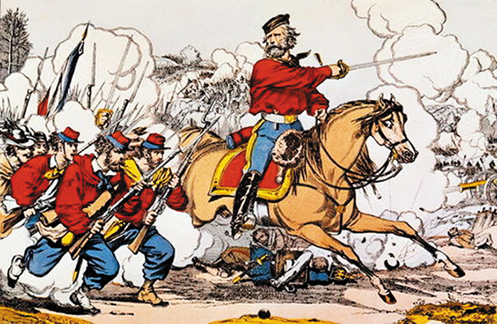 가리발디 장군과 ‘붉은 셔츠단’이 진격하는 모습을 그린 만평이에요. /가리발디 위블리 닷컴