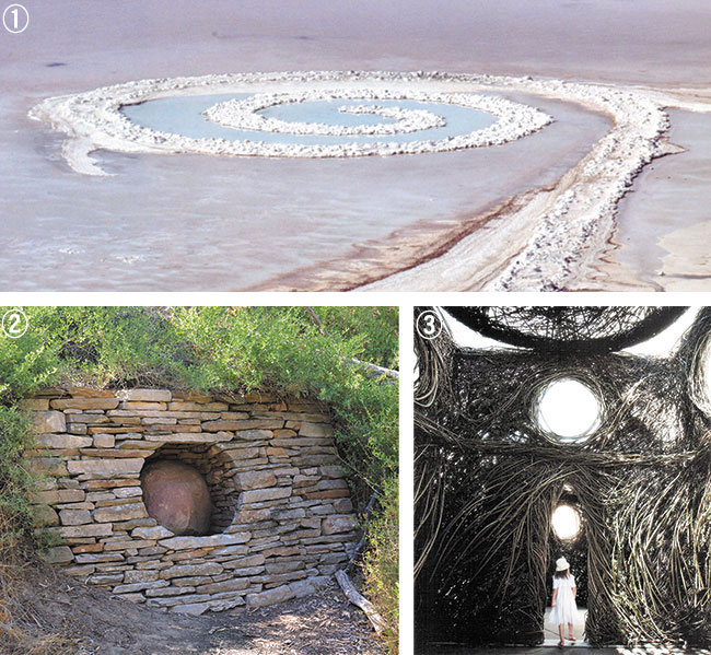 ①로버트스미스슨, 〈나선형방파제(Spiral Jetty)〉(1970). ②앤디골즈워디,〈 돌집(Stone House)〉(1997). ③패트릭도허티,〈 작은무도회장(Little Ballroom)〉(2012). /위키피디아·이주은 교수 제공