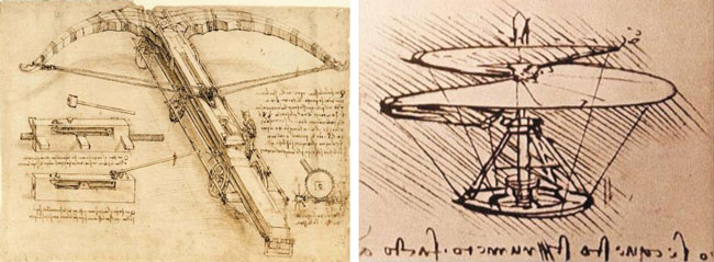 레오나르도 다빈치는 다양한 기계 장치들도 고안했는데, 거대 석궁(왼쪽), 헬리콥터(오른쪽) 등이 스케치로 남아있어요. /위키피디아
