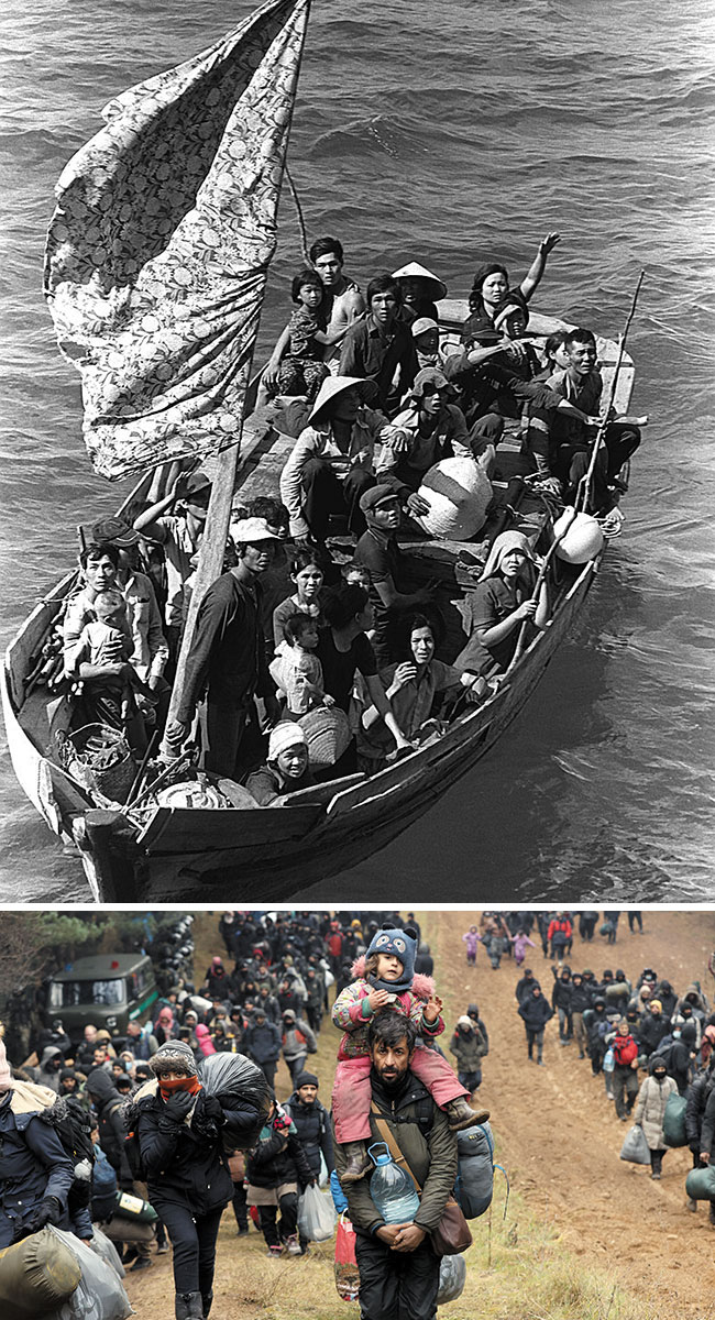 (위 사진)베트남 전쟁이 끝난 후 정치적 박해 등을 피해 작은 배를 타고 피란을 가는 남베트남 사람들의 모습. 이들을‘보트 피플’이라고 불러요. (아래 사진)지난 15일 EU(유럽연합) 국가인 폴란드로 가기 위해 벨라루스와 폴란드 국경으로 모여드는 중동·아프리카 난민들의 모습. 아빠로 보이는 남성이 아이를 어깨에 올리고 걸어가고 있어요. /위키피디아·로이터 연합뉴스