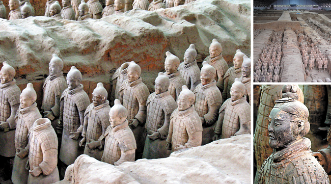 중국 산시성 시안에 있는 진시황릉 주변부 땅굴에서 흙으로 빚은 병사 8000여 점이 발견됐어요. 이곳을 병마용갱으로 불러요. /위키피디아
