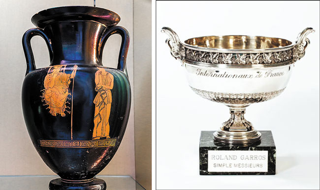 기원전 440년에 만들어진 암포라(와인이나 기름 등을 보관하던 항아리·왼쪽)와 테니스 대회인 프랑스 오픈의 남자 단식 우승 트로피. /롤랑가로스·위키피디아