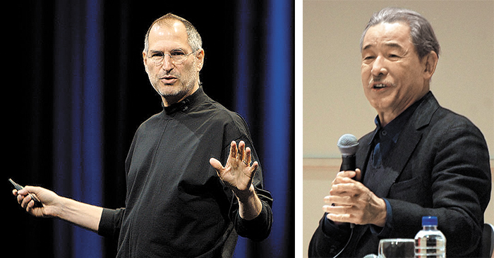 신제품을 출시할 때마다 검정 터틀넥을 입고 나온 애플 창업자 스티브 잡스(사진 왼쪽). 미야케 이세이의 생전 모습(사진 오른쪽). /위키피디아