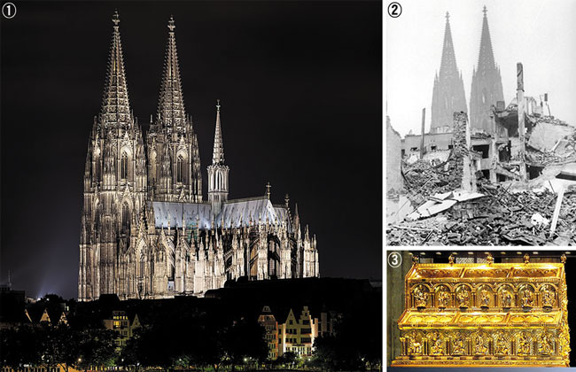 ①쾰른은 아름다운 야경으로 유명한 도시예요. 그런데 최근 유럽이 에너지 대란을 겪으며, 쾰른 대성당이 밤에 조명을 켜지 않기 시작했다고 해요. ②제2차 세계대전 중인 1943년 공습으로 파괴된 쾰른 대성당. ③쾰른 대성당 안에 있는 유골함. 동방 박사의 유골이 있다고 전해져요. /위키피디아