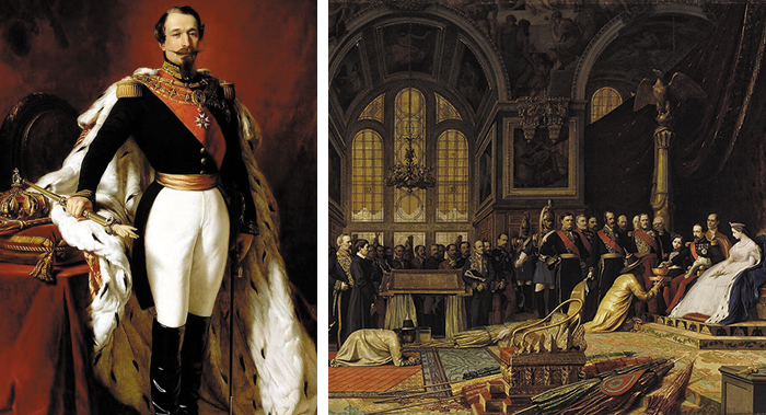 왼쪽은 나폴레옹 3세의 초상화. 오른쪽은 1864년 나폴레옹 3세가 퐁텐블로궁에서 시암(태국의 옛 이름) 대사의 인사를 받고 있는 것을 묘사한 그림. /위키피디아