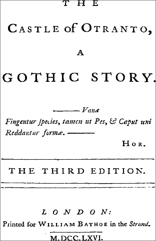 고딕 소설의 첫 작품으로 꼽히는 ‘오트란토 성 - 한 가지 고딕 이야기’의 표지. /위키피디아