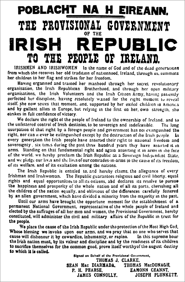 1916년 아일랜드 시민군이 봉기를 일으키며 발표한 선언문. 아일랜드가 영국으로부터 독립했다는 내용을 담고 있으나, 실제 독립은 1949년 이루어졌어요. /위키피디아