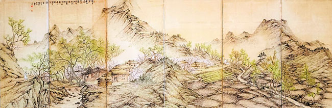 작품3 - 변관식, ‘춘경산수도6폭병풍’, 1944, 종이에 수묵 채색. 화폭에 물든 연두색 나무와 연분홍 꽃들이 이상향(理想鄕)의 모습을 묘사하고 있습니다. /아모레퍼시픽미술관