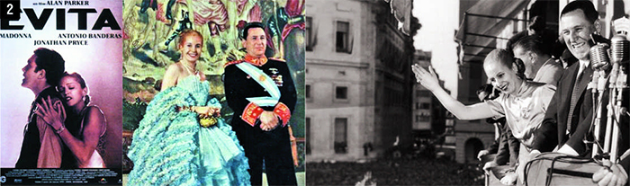 2(왼쪽부터) 1996년 영화 ‘에비타’ 포스터와 후안 도밍고 페론 대통령 부부의 실제 모습. 맨 오른쪽은 1950년 발코니에서 사람들을 향해 손을 흔들고 있는 페론 부부의 모습. 
 /위키피디아·게티이미지코리아·페이스북