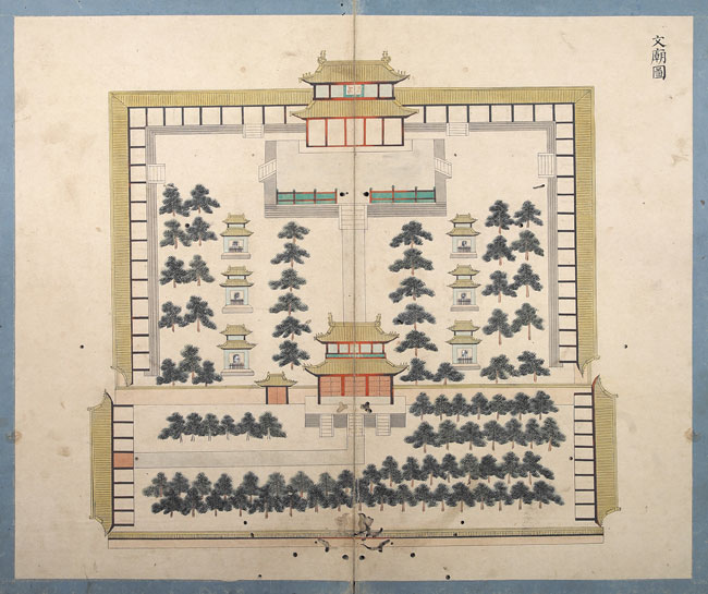 경진년 연행도첩(燕궋圖帖) 중 문묘도(文廟圖). 1760~1761년 중국 북경을 다녀온 사신들이 영조가 열람할 수 있도록 제작한 21폭의 화첩 중 공자의 사당을 그린 그림. /부산박물관