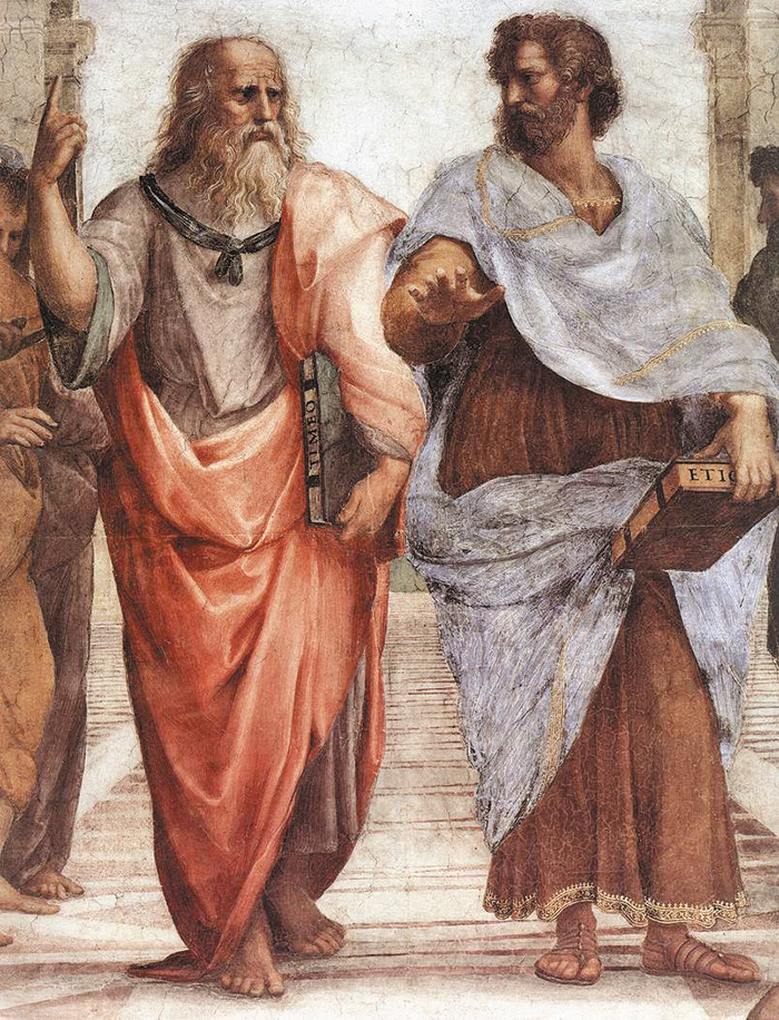 아리스토텔레스(오른쪽)가 등장하는 화가 라파엘로의 그림 ‘아테네 학당’. 왼쪽은 스승인 플라톤이랍니다.