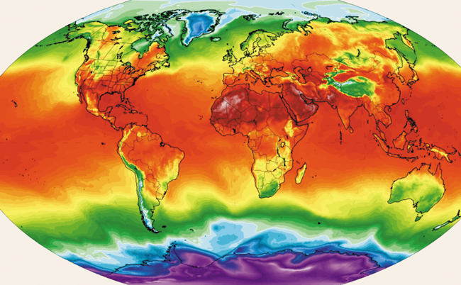 지구가 최고로 더웠던 작년 7월 5일 세계지도가 온통 빨간색이에요. 섭씨 30도가 넘던 지역을 뜻해요. /미국 국립해양대기관리국 국립환경예측센터(NCEP)