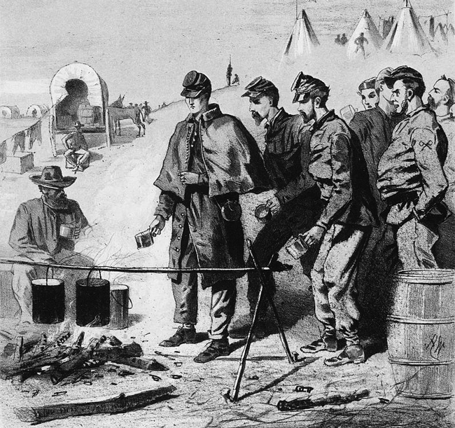 미국 남북전쟁(1861~1865) 중 군인들이 모여서 커피를 마시려고 장작불을 지펴서 물을 끓이고 있어요. 미국 화가 윈슬로 호머의 1863년 그림 '커피의 부름'. /미국 아몬카터미술관