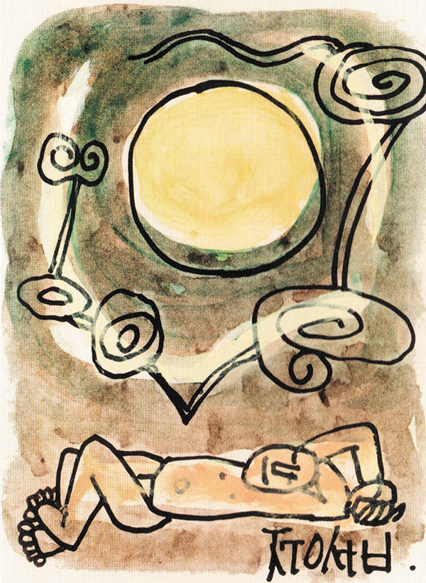 화가 이중섭이 1950대 그린 그림 ‘달밤’에서는 바닥에 드러누운 한 남자가 하늘에 환하게 뜬 보름달을 올려다 봐요. 가족과 떨어진 그리움을 달래는 화가의 모습인 것만 같죠. /《이중섭, 백 년의 신화》展 도록(2016)