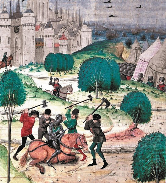 1358년 프랑스에서 일어난 ‘자크리의 난’에서 갑옷을 입은 귀족 기사를 여러 농민들이 둘러싸며 도끼로 내리쳐 공격하고 있어요. 당시 역사책 ‘프루아사르 연대기’에 실린 삽화. /위키피디아