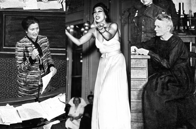 왼쪽부터 시몬 베유가 1974년 프랑스 의회에서 낙태 합법화를 설득하는 연설을 하는 모습. 조세핀 베이커가 1940년 프랑스 파리의 한 호텔에서 제2차 세계대전 중 휴가를 나온 영국군을 위해 노래하는 모습. 마리 퀴리가 1919년 제1차 세계대전 중 파리 라듐 연구소에서 미국 원정군(AEF)과 기념사진을 찍는 모습. /위키피디아