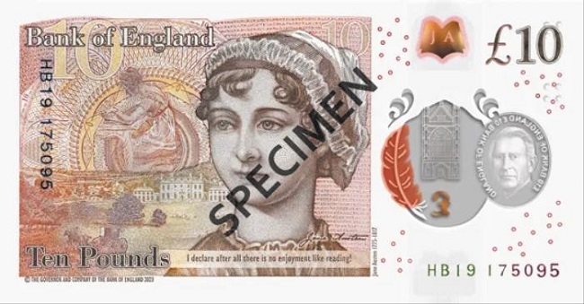 영국을 대표하는 여성 소설가 제인 오스틴의 얼굴이 그의 사망 200주년인 2017년부터 발행하는 영국 10파운드 지폐에 그려져 있어요. /잉글랜드 은행