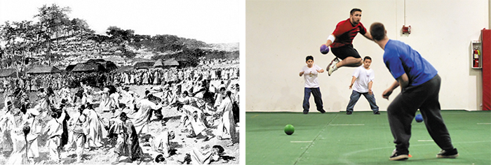 영국의 한 판화 작가가 서울에서 찍은 석전놀이 사진을 바탕으로 그린 그림(왼쪽)과 미국 미시간주에 있는 한 지역 운동 시설에서 사람들이 피구를 하는 모습. /영국 잡지 ‘더 그래픽’·위키피디아